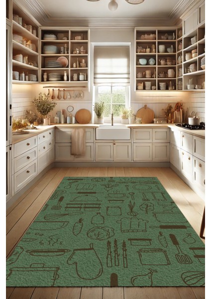 Mutfak Eşyaları Desenli Yeşil Lekelere Dayanıklı Dokuma Tabanlı Kaymaz Dijital Baskılı Mutfak Halısı