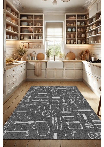 Mutfak Eşyaları Desenli Dijital Baskılı Gri Lekelere Dayanıklı Dokuma Tabanlı Kaymaz Mutfak Halısı