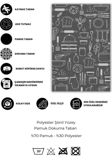 Dijital Baskılı Mutfak Eşyaları Desenli Gri Hav Yapmaz Dokuma Tabanlı Kaymaz Mutfak Halısı