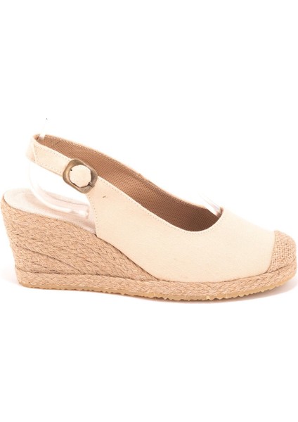 Gerçek Elişi Arkadan Bantlı Topuğu Açık Burnu Hasırlı Keten Espadril Dolgu Topuk Handmade