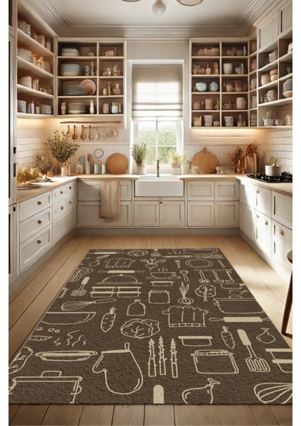 Mutfak Eşyaları Desenli Kahverengi Kolay Temizlenir Dijital Baskılı Dokuma Tabanlı Kaymaz Mutfak Halısı