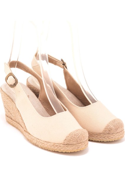 Gerçek Elişi Arkadan Bantlı Topuğu Açık Burnu Hasırlı Keten Espadril Dolgu Topuk Handmade