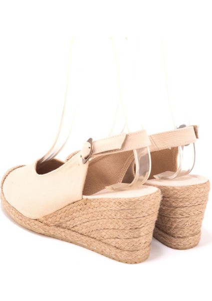 Gerçek Elişi Arkadan Bantlı Topuğu Açık Burnu Hasırlı Keten Espadril Dolgu Topuk Handmade