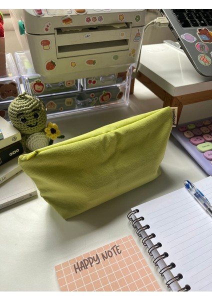 Parlak Yeşil Keten Yıkanabilir Fermuarlı Tek Gözlü Bez Kalemlik Kalem Kutusu Cüzdan Makyaj Çantası