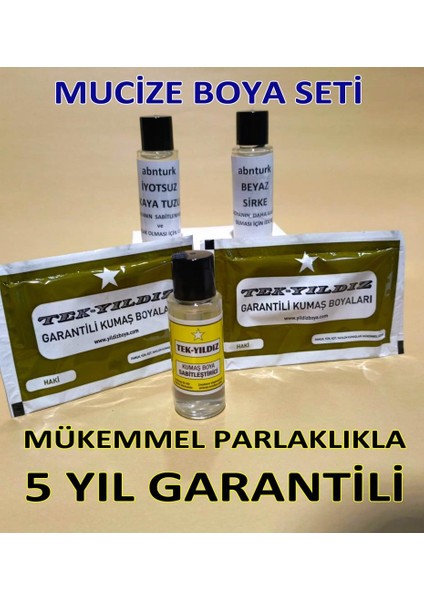 Haki Renk 5li Kumaş Boyama Seti+Sabitleyici+Kalıcı Için Sirke+Parlaklık Için Iyotsuz Tuz+2 Adet Boya