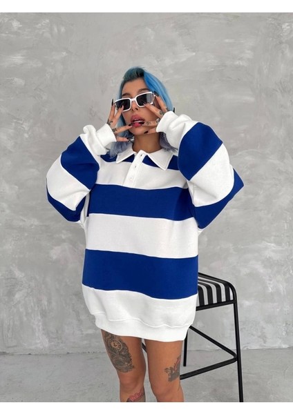 Üç Iplik Parçalı Yakalı Sweatshirt - Mavi
