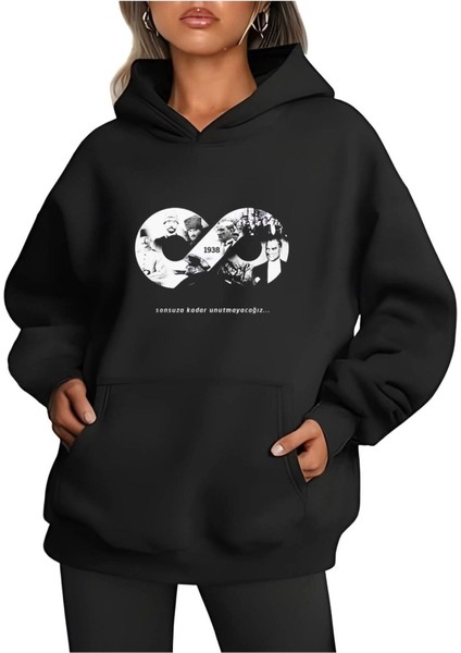 Üç İplik Kapşonlu 10 Kasıma Özel Sweatshirt - Siyah