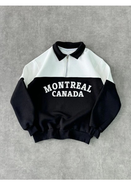 Yarım Fermuarlı Parçalı Yakalı Sweatshirt Siyah