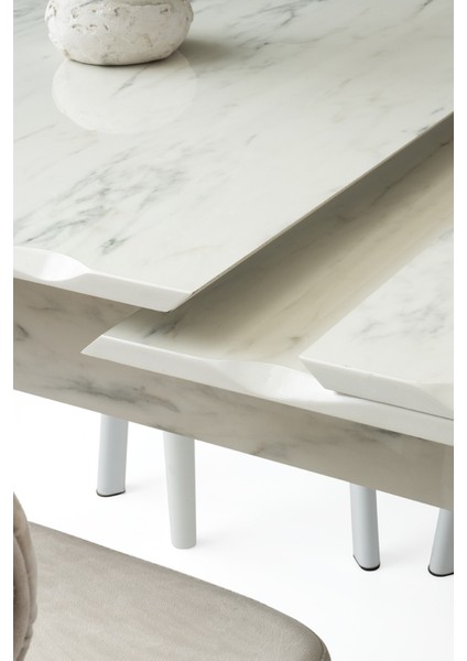 Leila Açılır 6 Kişilik Mermer Desen Yemek Masası Mdf (High Gloss) 130 x 80 - 160 x 80