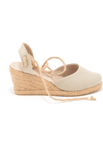 Elişi Topuğu Açık Bilekten Bağlamalı Bej Dolgu Topuk Keten Hasır Espadril Handmade