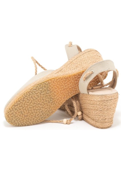Elişi Topuğu Açık Bilekten Bağlamalı Bej Dolgu Topuk Keten Hasır Espadril Handmade fırsatları