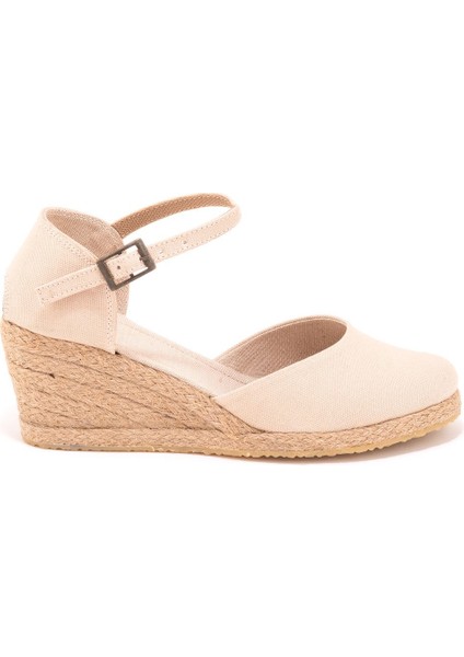 Elişi Bej Bilekten Bantlı Topuğu Açık Keten Espadril Dolgu Topuk Handmade