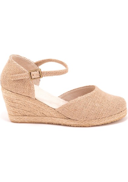 Elişi Bilekten Bantlı Topuğu Açık Keten Espadril Dolgu Topuk Handmade