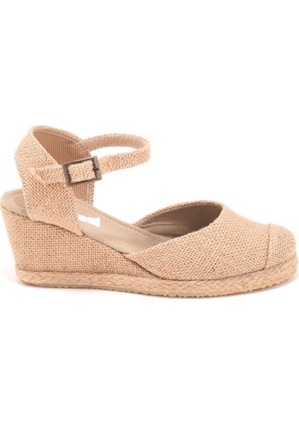 Elişi Keten Hasır Espadril Burnu Hasırlı Arkası Açık Dolgu Topuk Handmade