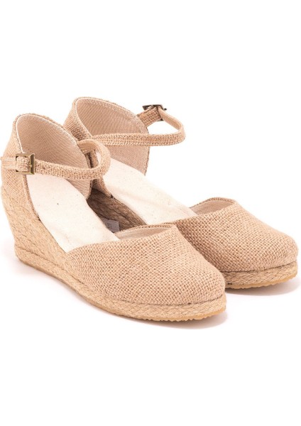 Elişi Bilekten Bantlı Topuğu Açık Keten Espadril Dolgu Topuk Handmade