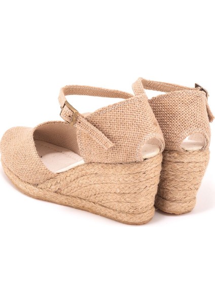 Elişi Bilekten Bantlı Topuğu Açık Keten Espadril Dolgu Topuk Handmade