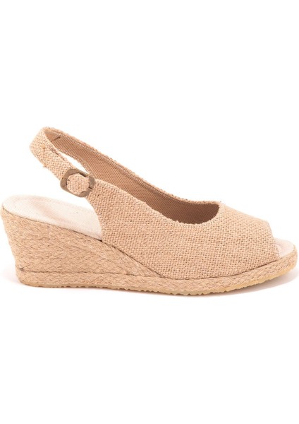 Elişi Burnu Açık Arkası Bantlı Dolgu Topuk Keten Hasır Espadril Handmade