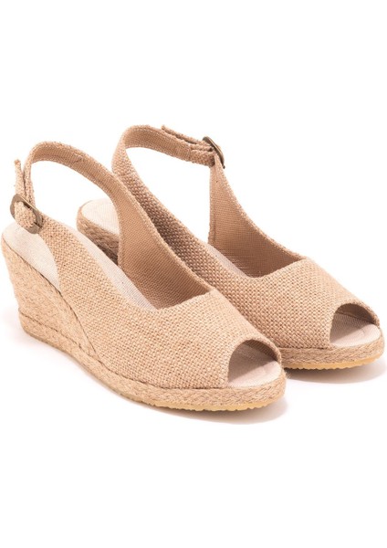 Elişi Burnu Açık Arkası Bantlı Dolgu Topuk Keten Hasır Espadril Handmade