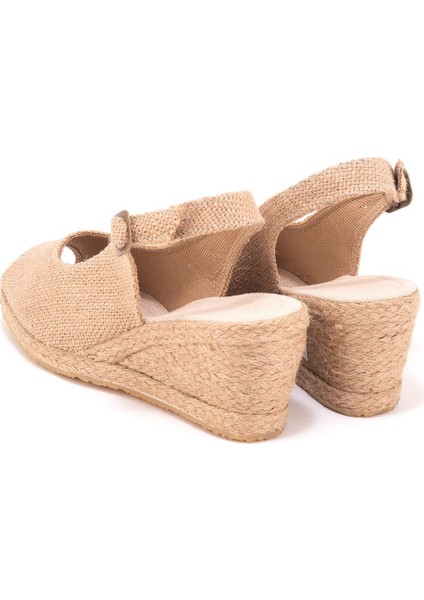 Elişi Burnu Açık Arkası Bantlı Dolgu Topuk Keten Hasır Espadril Handmade