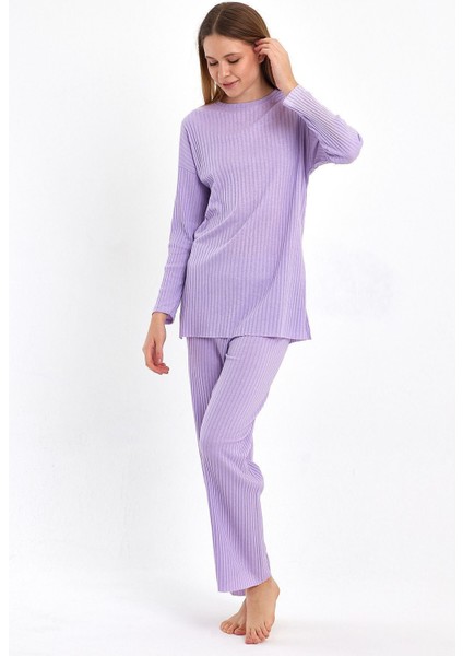Kadın Lila Kadın Fitilli Raporlu & Eşofman, Gündelik Ev Giyim Pijama Takımı