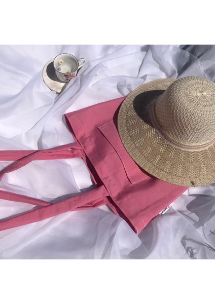 Pembe Çevre Dostu Bez Çanta,pinterest Tarzı Cepli Keten Kol ve Omuz Çantası, Alışveriş Çantası