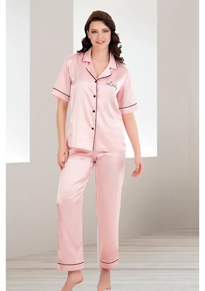 Düğmeli Pembe Kısa Kollu Saten Pijama Takım