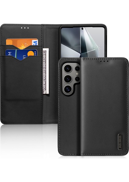 Samsung Galaxy S25 Ultra Kılıf Dux Ducıs Hivo Serisi Sığır Derisi Deri Rfıd Engelleme Cüzdan Standı Flip Telefon Kapağı-Siyah (Yurt Dışından)