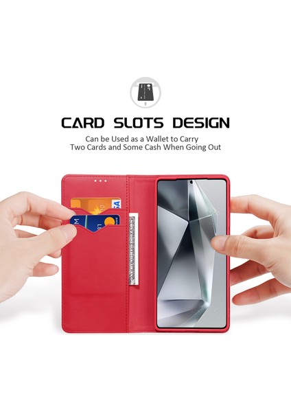 Samsung Galaxy S25 Ultra Kılıf Dux Ducıs Hivo Serisi Sığır Derisi Deri Rfıd Engelleme Cüzdan Standı Flip Telefon Kapağı-Kırmızı (Yurt Dışından)