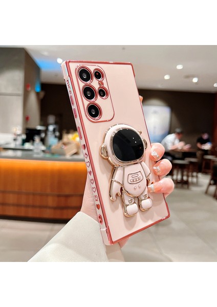 Samsung Galaxy S24 Ultra Kılıf Love Hearts Elektro Kaplama Tpu Telefon Kılıfı Astronot Kickstand-Pembe (Yurt Dışından)