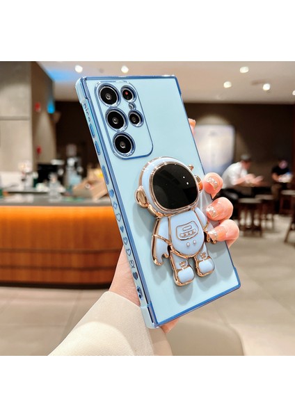 Samsung Galaxy S24 Ultra Kılıf Love Hearts Elektro Kaplama Tpu Telefon Kapağı Astronot Kickstand-Mavi (Yurt Dışından)