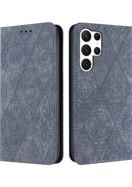 Samsung Galaxy S25 Ultra Kılıf Baskılı Çiçek Cüzdan Standlı Deri Telefon Kılıfı-Gri (Yurt Dışından)
