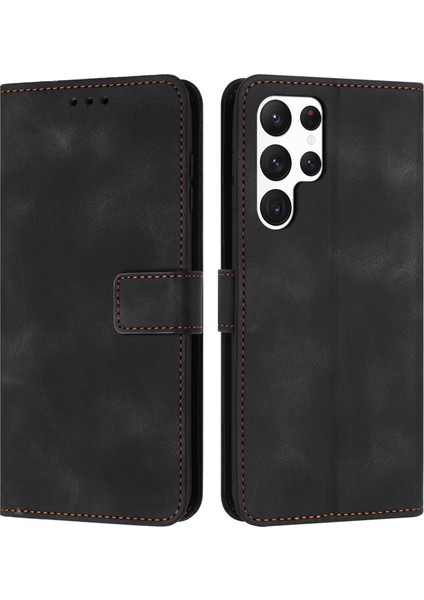 Samsung Galaxy S25 Ultra Deri Kılıf Düz Renk Cüzdan Koruyucu Telefon Kapağı-Siyah (Yurt Dışından)