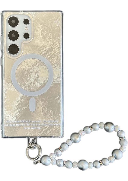 Samsung Galaxy S24 Ultra Manyetik Kılıf Degrade Renk Tonu Tpu+Pc Telefon Kılıfı Boncuklu Askı-Beyaz (Yurt Dışından)