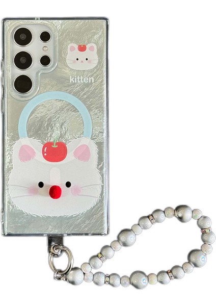 Samsung Galaxy S24 Ultra Manyetik Kılıf Için Karikatür Hayvan 3D Burun Tpu+Pc Kapak Boncuklu Askı-Mavi (Yurt Dışından)