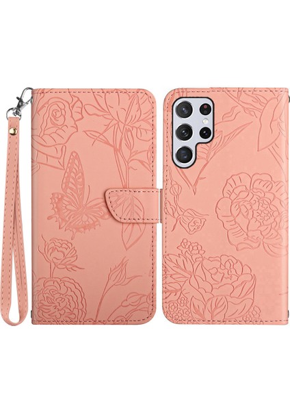 HT03 Samsung Galaxy S25 Ultra Kılıf Çiçek Baskılı Deri Telefon Kılıfı Askılı-Pembe (Yurt Dışından)