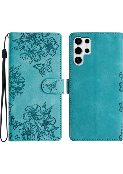 Samsung Galaxy S25 Ultra Kılıf Çiçek Desenli Ten Dokunmatik Deri Telefon Kılıfı-Yeşil (Yurt Dışından)