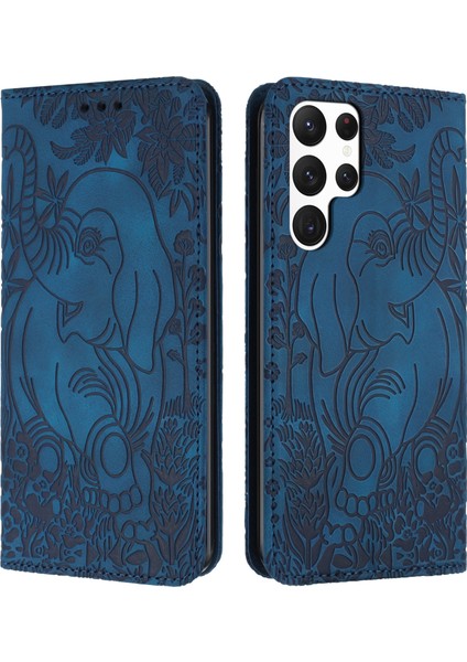 Samsung Galaxy S25 Ultra Kılıf Pu Deri Cüzdan Telefon Kılıfı Fil Desen-Mavi (Yurt Dışından)
