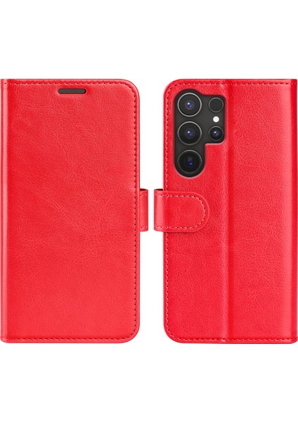 Samsung Galaxy S25 Ultra Cüzdan Kılıf Crazy Horse Doku Standlı Deri Telefon Kapağı-Kırmızı (Yurt Dışından)