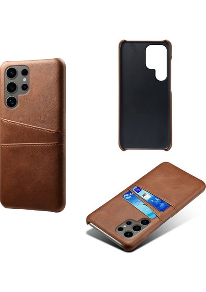 Samsung Galaxy S25 Ultra Kılıf Çift Kart Yuvaları Pu Deri + Sert Pc Telefon Kapağı-Kahverengi (Yurt Dışından)