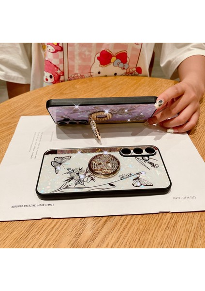 Samsung Galaxy A55 5g Kılıf Için Rhinestones Dekor Kickstand Tpu + Pc Çiçek Telefon Kapağı-Altın (Yurt Dışından)