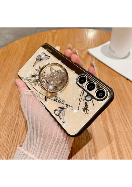 Samsung Galaxy A55 5g Kılıf Için Rhinestones Dekor Kickstand Tpu + Pc Çiçek Telefon Kapağı-Altın (Yurt Dışından)