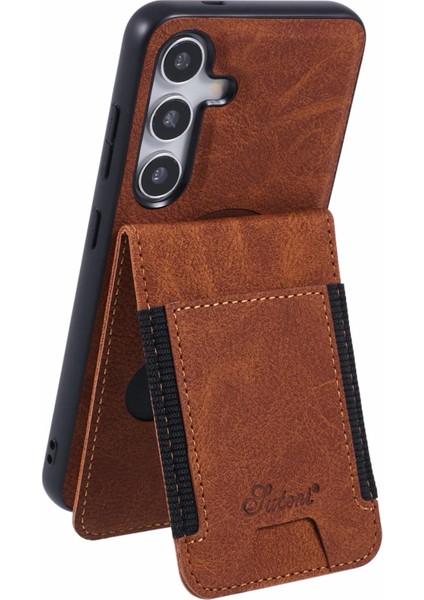 Sutenı H17 Samsung Galaxy S24 Manyetik Kılıf Kart Yuvaları Deri + Tpu Kickstand Telefon Kapağı-Haki (Yurt Dışından)