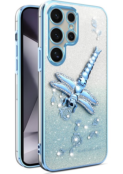 Kadem Samsung Galaxy S25 Ultra Kılıf Dragonfly Kickstand Tpu Çiçekler Glitter Telefon Kapağı-Mavi (Yurt Dışından)