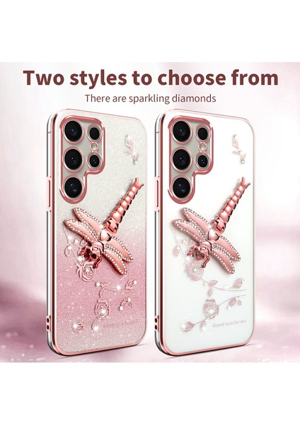 Kadem Samsung Galaxy S25 Ultra Kılıf Dragonfly Kickstand Tpu Çiçekler Glitter Telefon Kapağı-Mavi (Yurt Dışından)