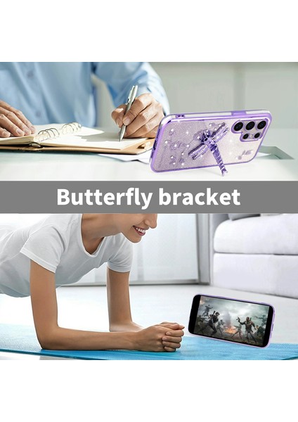 Kadem Samsung Galaxy S25 Ultra Kılıf Dragonfly Kickstand Tpu Çiçekler Glitter Telefon Kapağı-Mavi (Yurt Dışından)