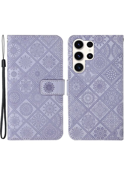 Samsung Galaxy S25 Ultra Kılıf Deri Kılıf Etnik Stil Telefon Cüzdan Kapak Askılı-Mor (Yurt Dışından)