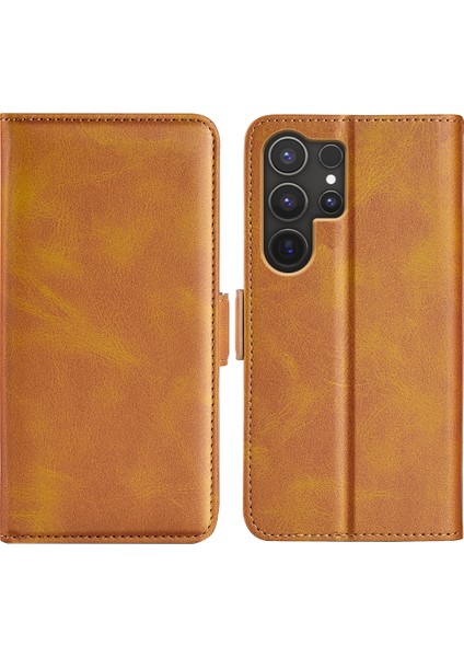 Samsung Galaxy S25 Ultra Standlı Kılıf Dana Dokulu Deri Cüzdan Telefon Kapağı-Sarı (Yurt Dışından)