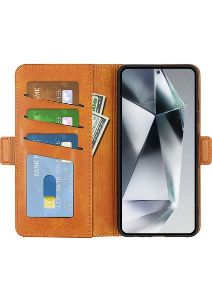 Samsung Galaxy S25 Ultra Standlı Kılıf Dana Dokulu Deri Cüzdan Telefon Kapağı-Sarı (Yurt Dışından)