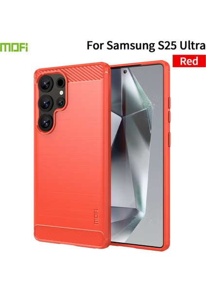 Samsung Galaxy S25 Ultra Arka Kapak Mofı Fırçalanmış Dokulu Karbon Fiber Soft Tpu Kılıf-Kırmızı (Yurt Dışından)