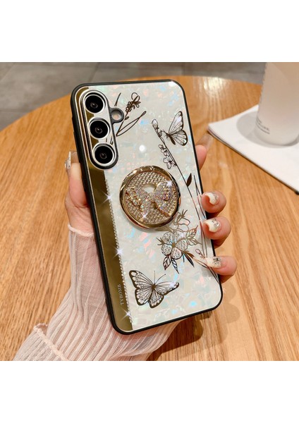 Samsung Galaxy A55 5g Kılıf Için Rhinestones Dekor Kickstand Tpu + Pc Çiçek Telefon Kapağı-Beyaz (Yurt Dışından)